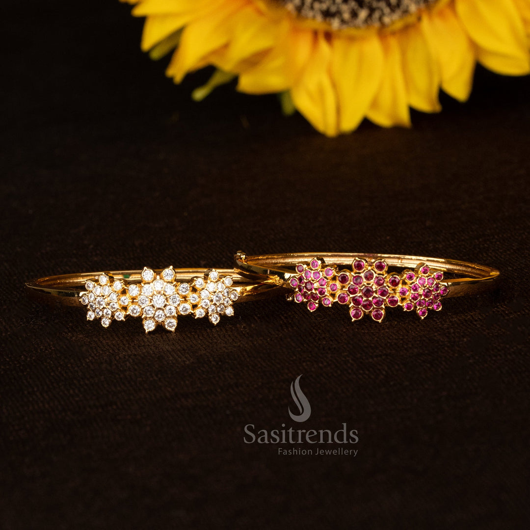 American Diamond micro gold plated  floral cluster openable bracelet made with 24 carat pure gold, a one gram elegant festive sparkle jewellery piece – Sasitrends