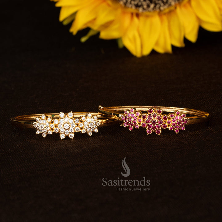American Diamond Micro Gold Plated Floral Cluster Openable Bracelet – Guaranteed - Sasitrends