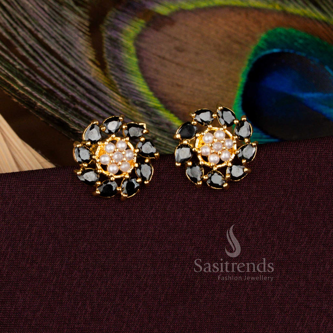 Majestic Handcrafted Designer Black Pearl Floral Stud Earrings In Gold Plated Screw Back Style For Women - Sasitrends