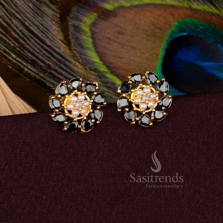 Majestic Handcrafted Designer Black Pearl Floral Stud Earrings In Gold Plated Screw Back Style For Women - Sasitrends