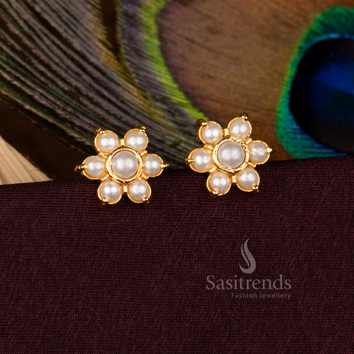 One Gram Micro Gold Plated Traditional Pearl Pavalam Floral Stud Earrings for Temple and Cultural Wear