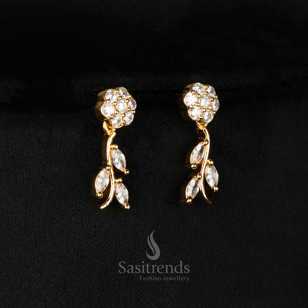 Stunning White Gold Plated American Diamond Leaf And Flower Pattern Earrings Set With Luxury Finish - Sasitrends