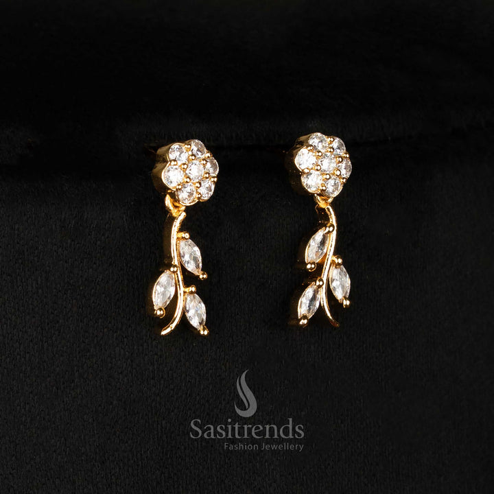 Stunning White Gold Plated American Diamond Leaf And Flower Pattern Earrings Set With Luxury Finish - Sasitrends