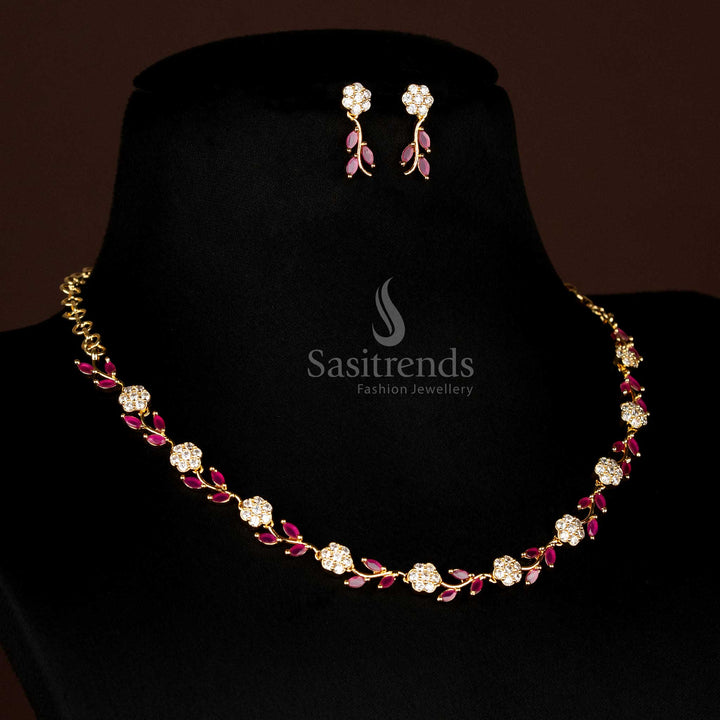 Charming ruby and white stone accents American Diamond micro gold plated leaf design necklace set with real gold finish, perfect wedding jewellery, Sasitrends