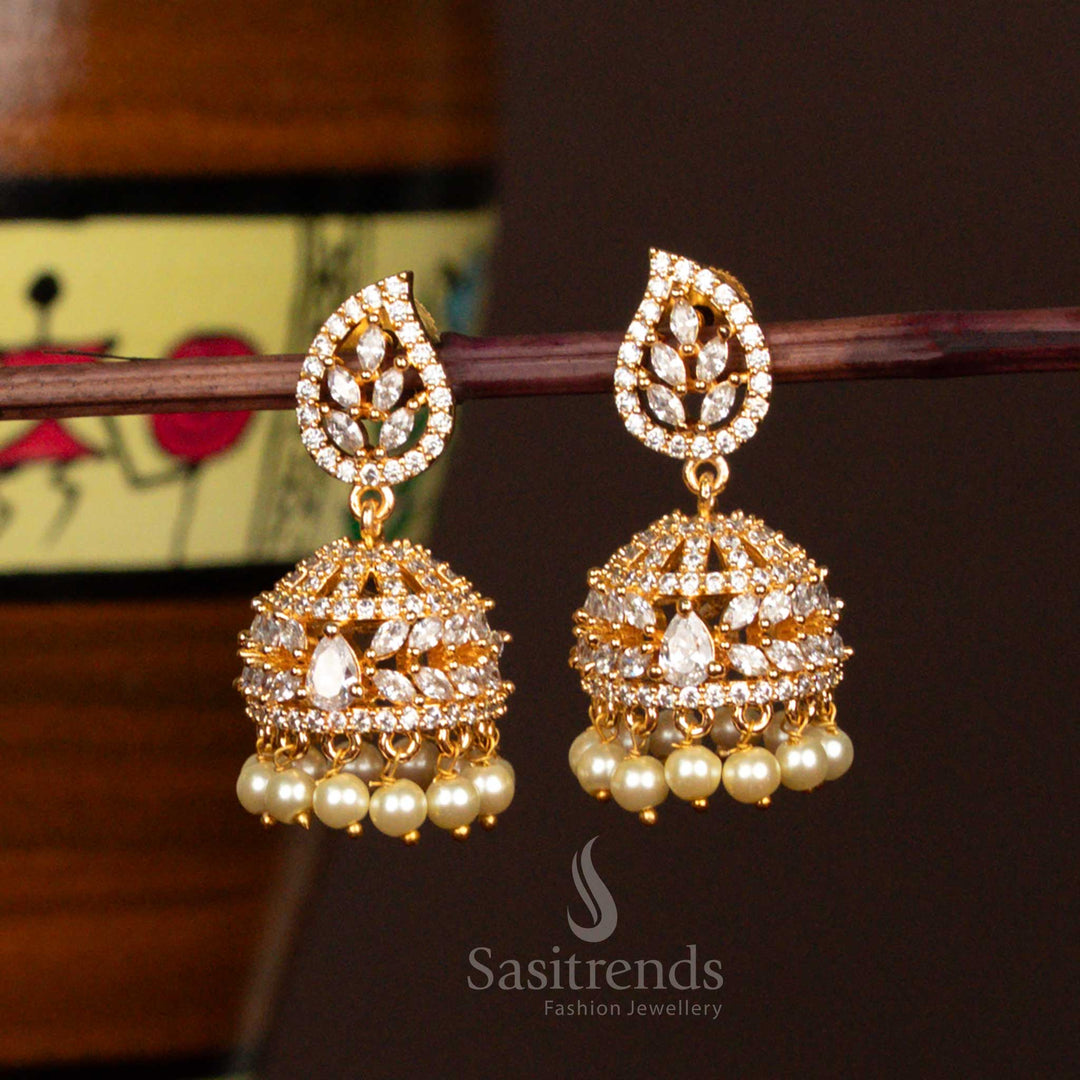 Charming White Stone Micro Gold Plated Intricate Leaf Design Jhumka Earrings With Pearls And Cluster Finish Traditional Jewellery - Sasitrends