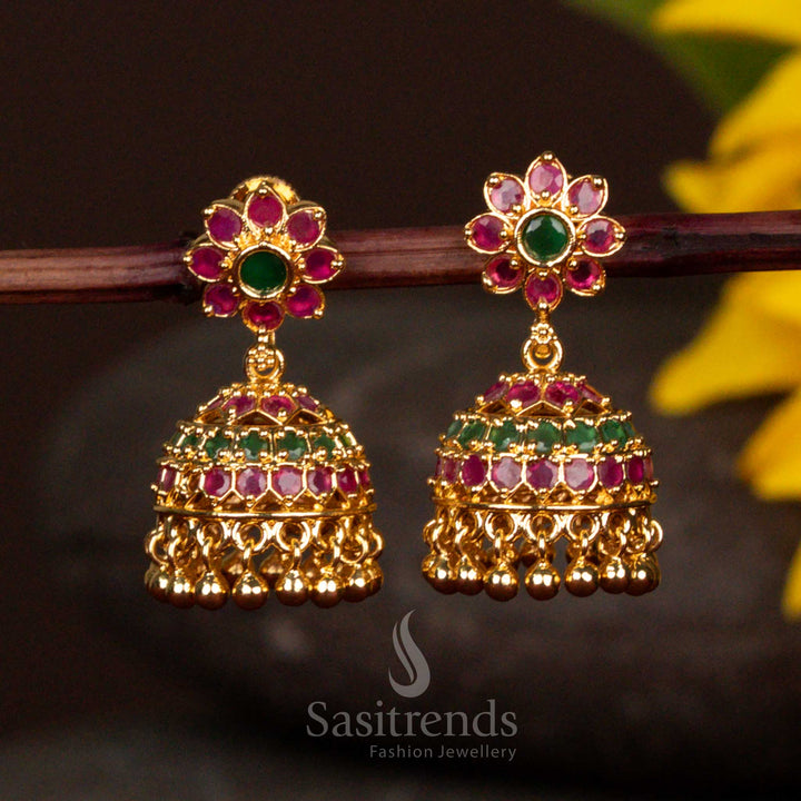 Grand Micro Gold Plated Ruby-Green Jhumka Earrings Intricate Floral Design With Hanging Beads Perfect For Bridal And Festive Style - Sasitrends