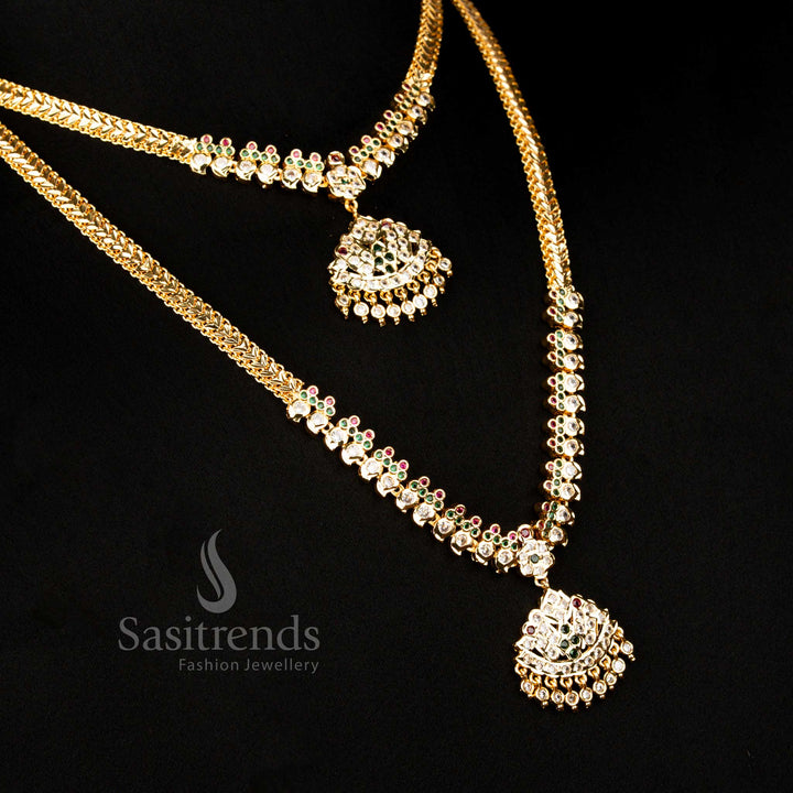 Premium Designer Impon Addigai Micro Gold Plated Multi Stones Short Long Combo Necklace And Earrings With Floral Dome Created For Ceremonies And Parties - Sasitrends