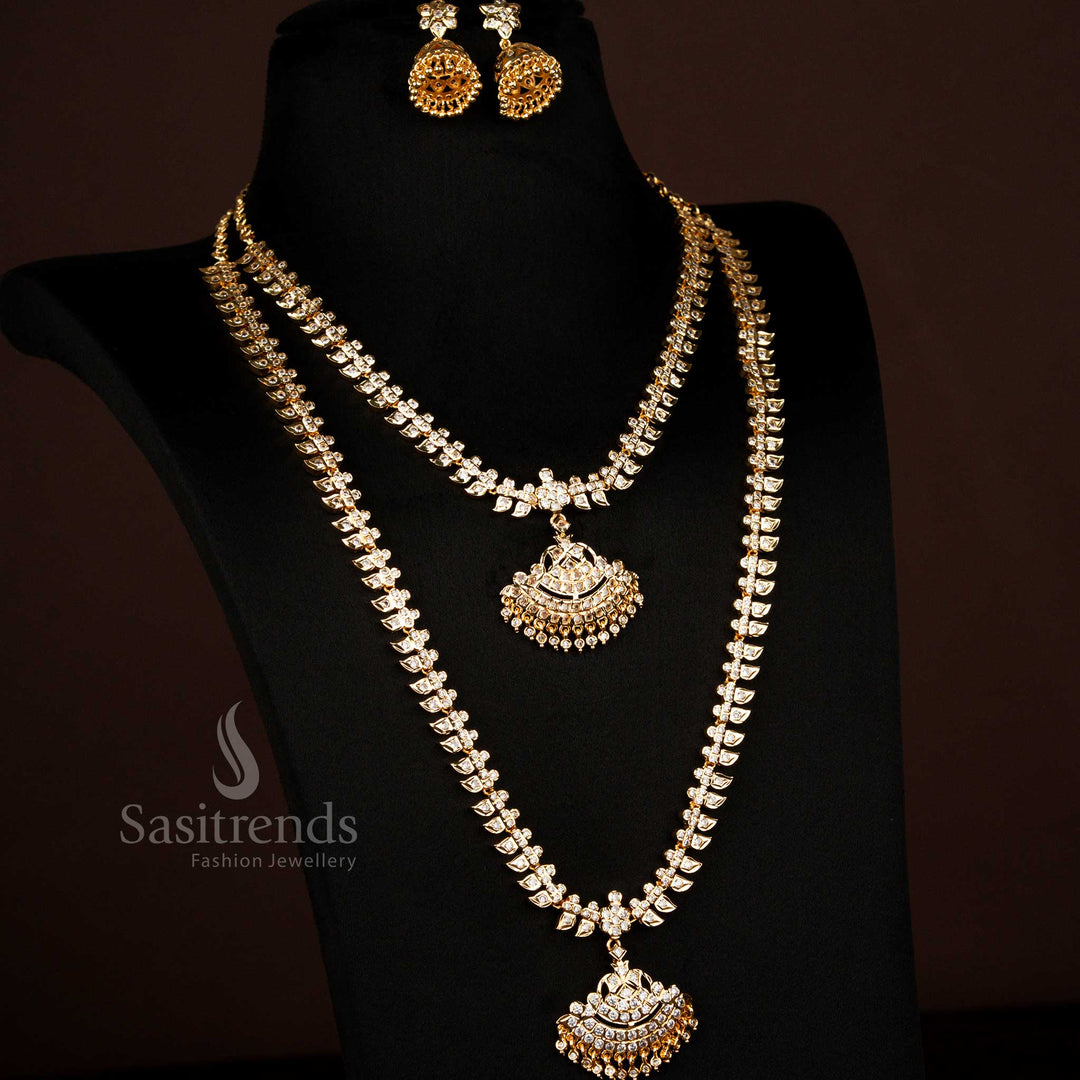 Traditional Impon Addigai One Gram Micro Gold Plated White Mango Design Short Long Combo Set With Jhumka Earrings Perfect For Bridal And Traditional Wear - Sasitrends
