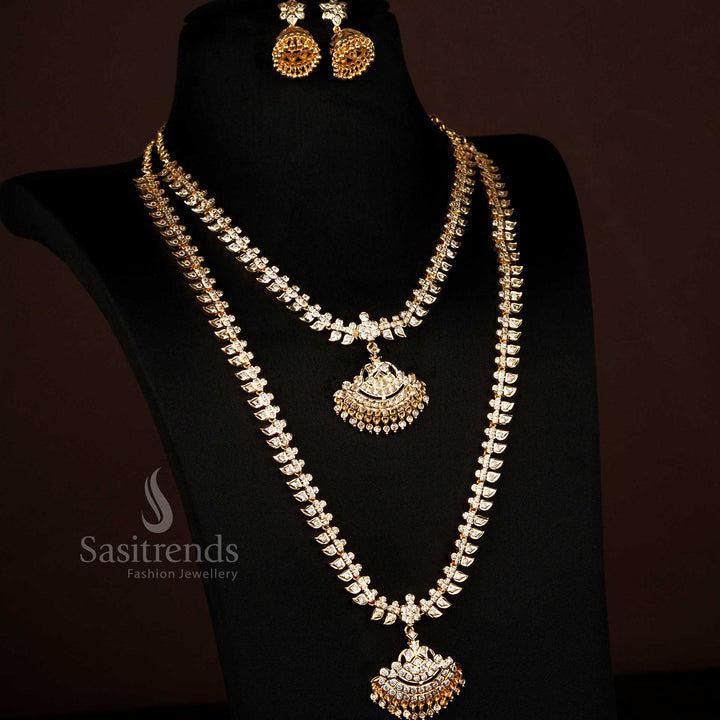 Traditional Impon Addigai One Gram Micro Gold Plated White Mango Design Short Long Combo Set With Jhumka Earrings Perfect For Bridal And Traditional Wear - Sasitrends