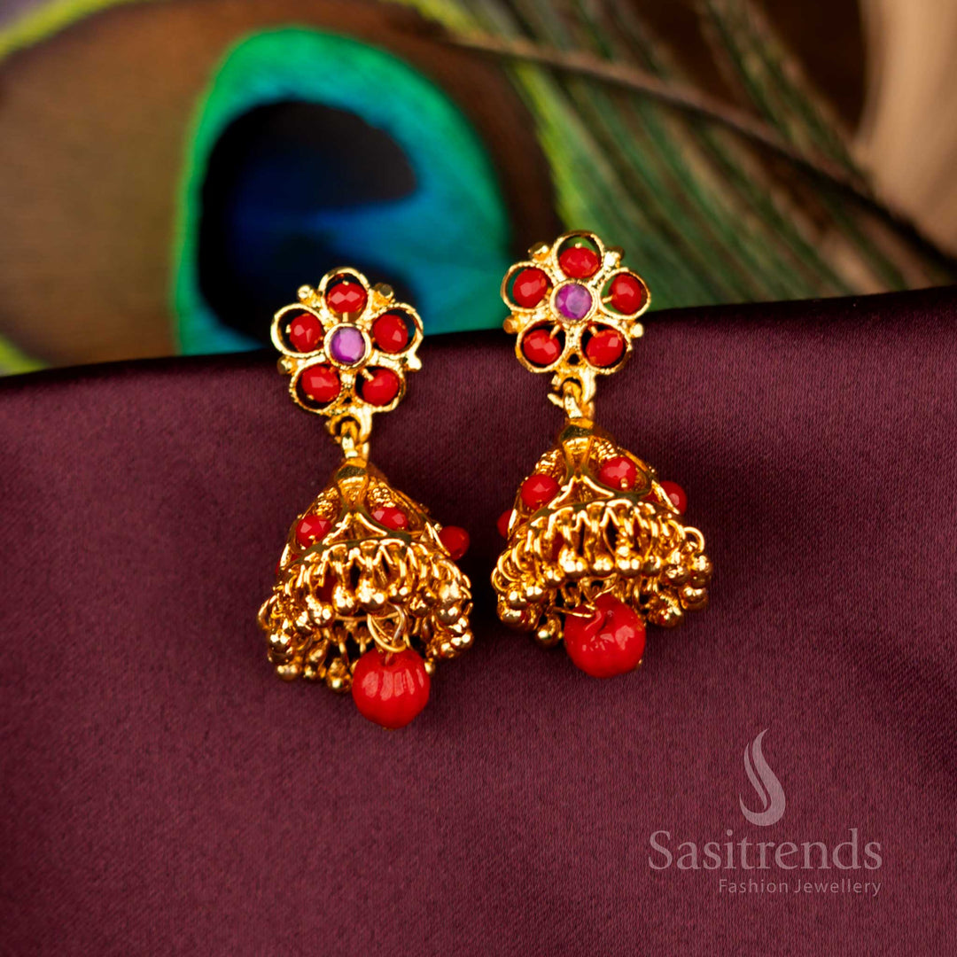 Stylish One Gram Micro Gold Plated Pavalam Floral Jhumka Earrings Perfect For Party And Cultural Wear - Sasitrends