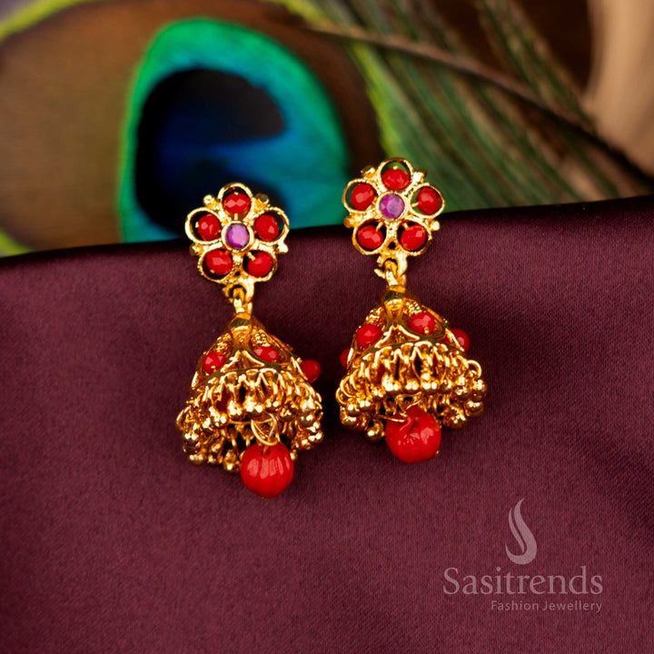 Ornate Guaranteed Micro Gold Plated Pavalam And Stones Floral Jhumka Earrings for Traditional Wear