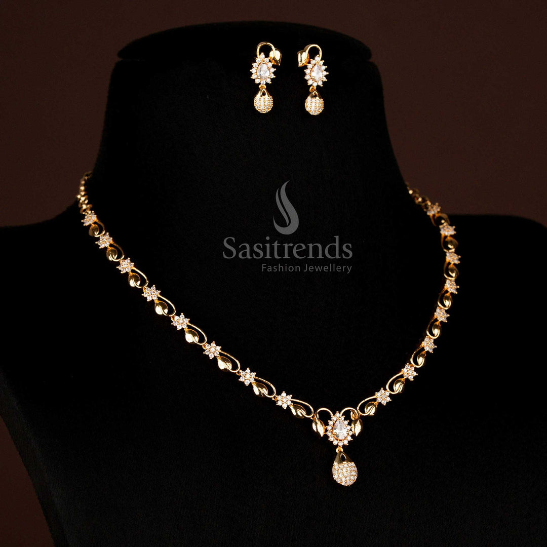 Pure glow micro gold plated American Diamond necklace with a stunning teardrop pendant featuring sparkling white stones, designed for bridal elegance and festive sophistication – Sasitrends