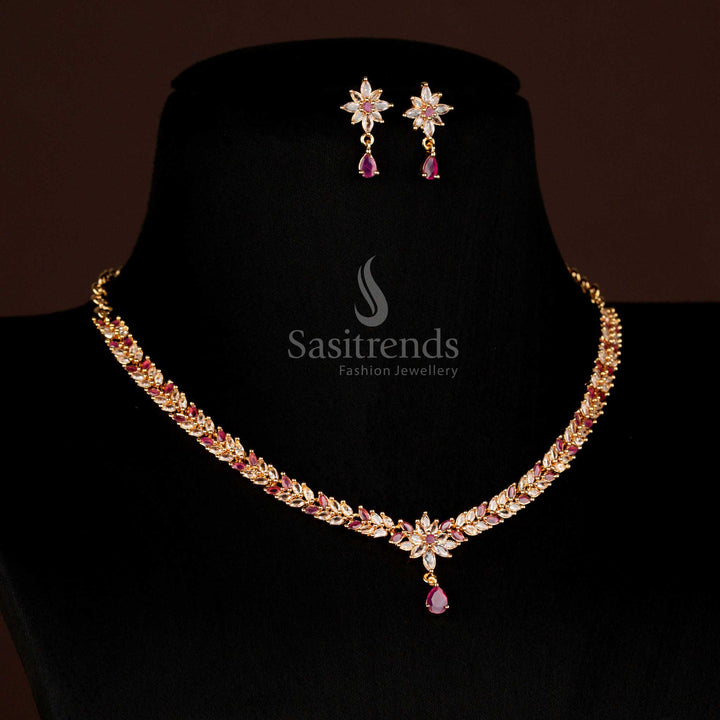 Grand guaranteed micro gold plated American Diamond leaf cluster necklace set, blending ruby brilliance with white sparkle, marquise floral vine detailing, and a dazzling teardrop pendant for festive celebrations – Sasitrends