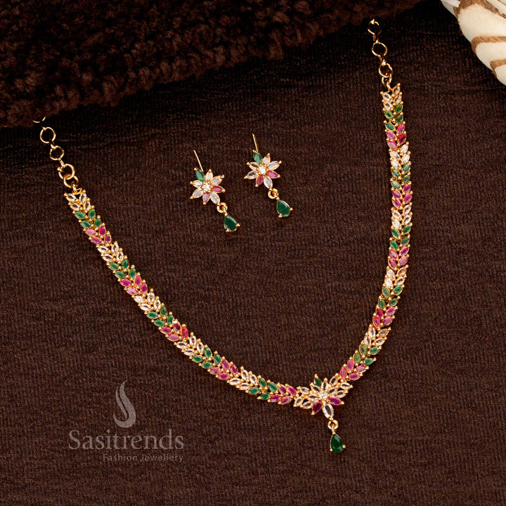 Guaranteed Gold Look American Diamond Leaf Cluster Multi Color Necklace Set, One Gram Jewellery, Temple Wear, Marquise Stone Chain – Sasitrends