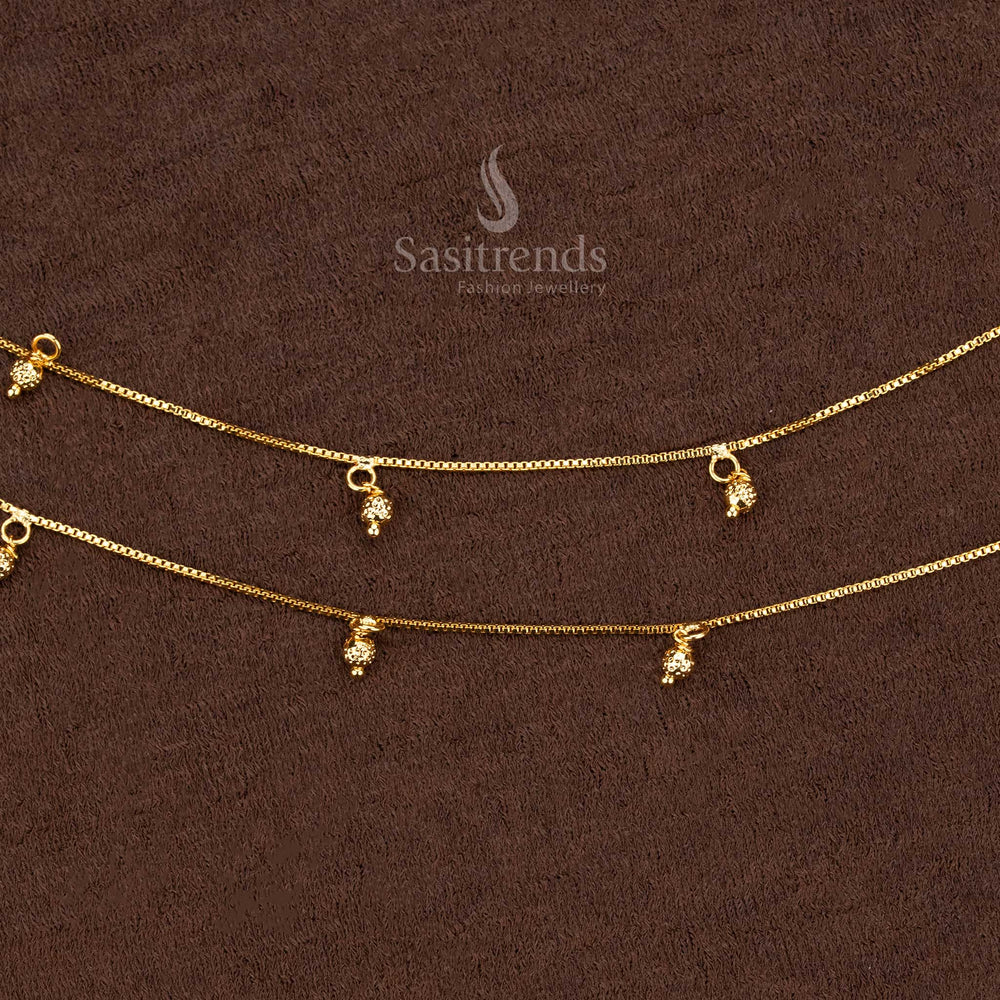 Traditional Micro Gold Hanging Ball Anklet Pair With Temple Touch And Ornamental Foot Adornment Jewellery - Sasitrends