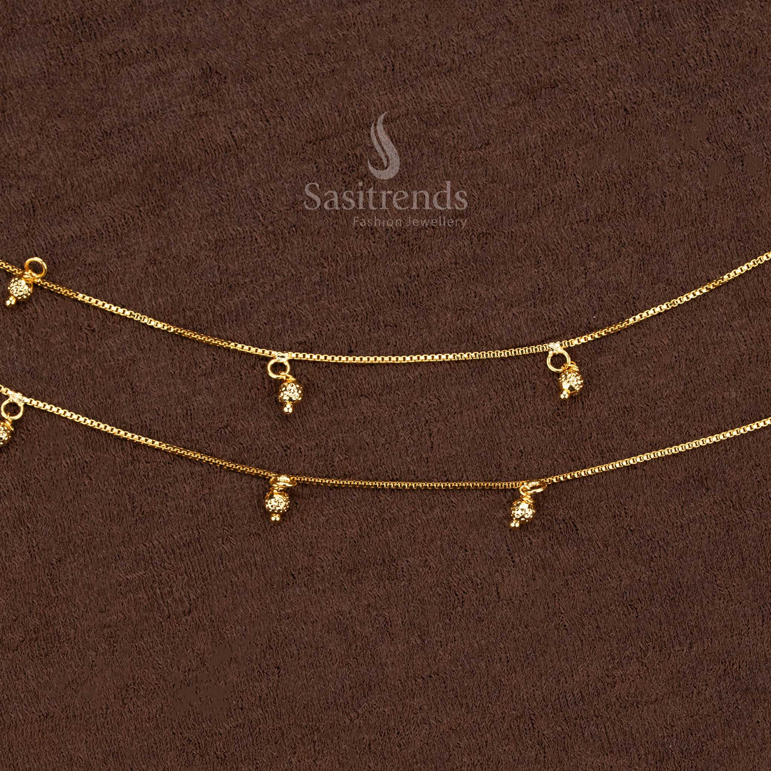 Traditional Micro Gold Hanging Ball Anklet Pair With Temple Touch And Ornamental Foot Adornment Jewellery - Sasitrends