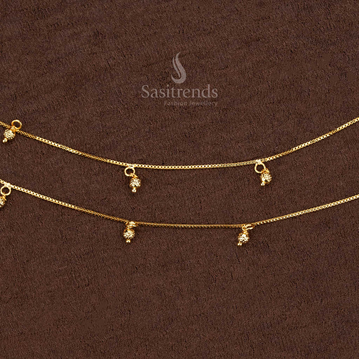 Traditional Micro Gold Hanging Ball Anklet Pair With Temple Touch And Ornamental Foot Adornment Jewellery - Sasitrends