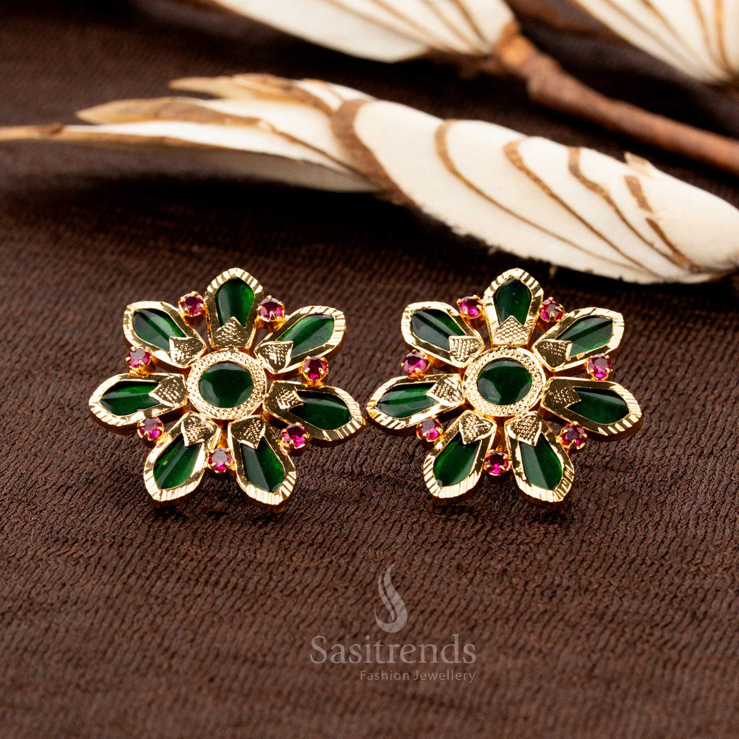 Timeless Kerala traditional green Palakka 7 Nagapadam earrings, intricately designed in a micro gold plated finish with AD gemstone highlights, a refined jewellery choice for bridal elegance and festive occasions - Sasitrends