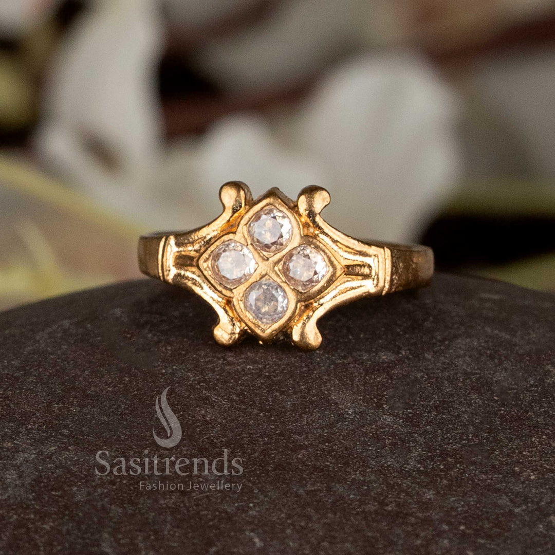 Traditional Impon Addigai style micro gold plated ring with elegant floral design and sparkling AD stones, perfect for bridal wear and festive occasions – Sasitrends