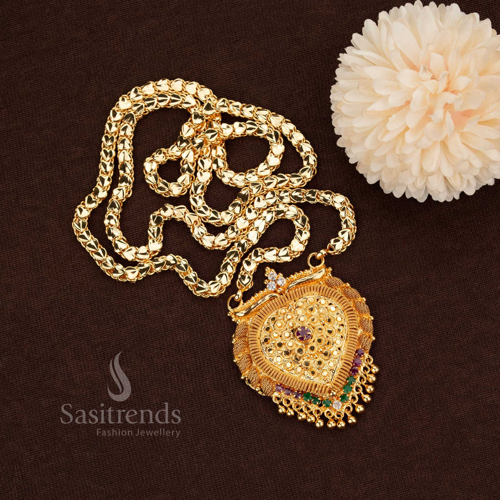 Graceful One Gram Gold Plated Leaf Chain Necklace Featuring A Multi-Colour American Diamond Pendant, Accentuated By Micro Finished Lustre And Delicate Leaf Motifs – Sasitrends