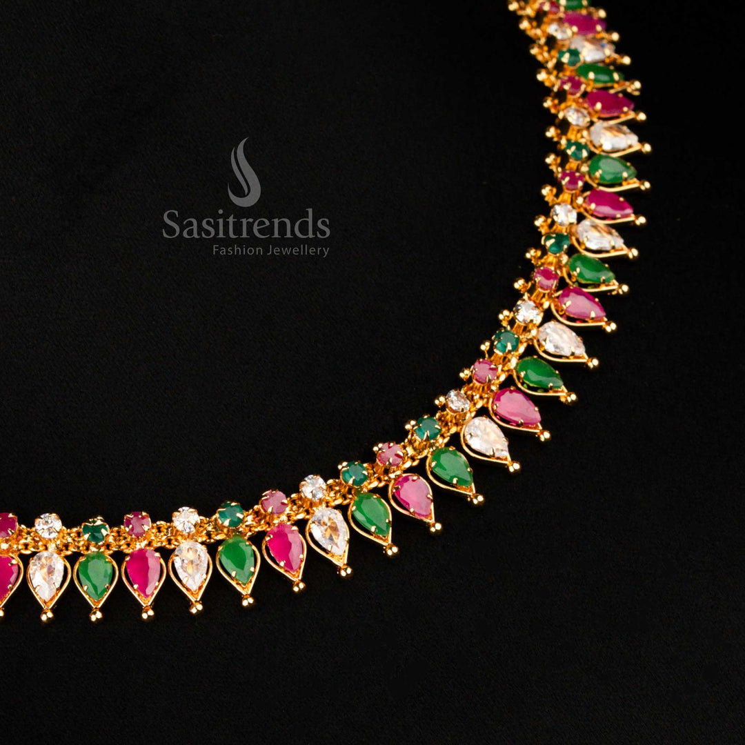 Multi-colour micro gold-plated necklace with tilak stone motifs and American diamond highlights, perfect vibrant occasion wear jewellery – Sasitrends