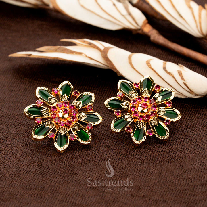 Exquisite micro gold plated 8 Nagapadam Palakka floral earrings, adorned with deep green stones and sparkling AD embellishments, a timeless Kerala traditional jewellery piece for festive elegance - Sasitrends