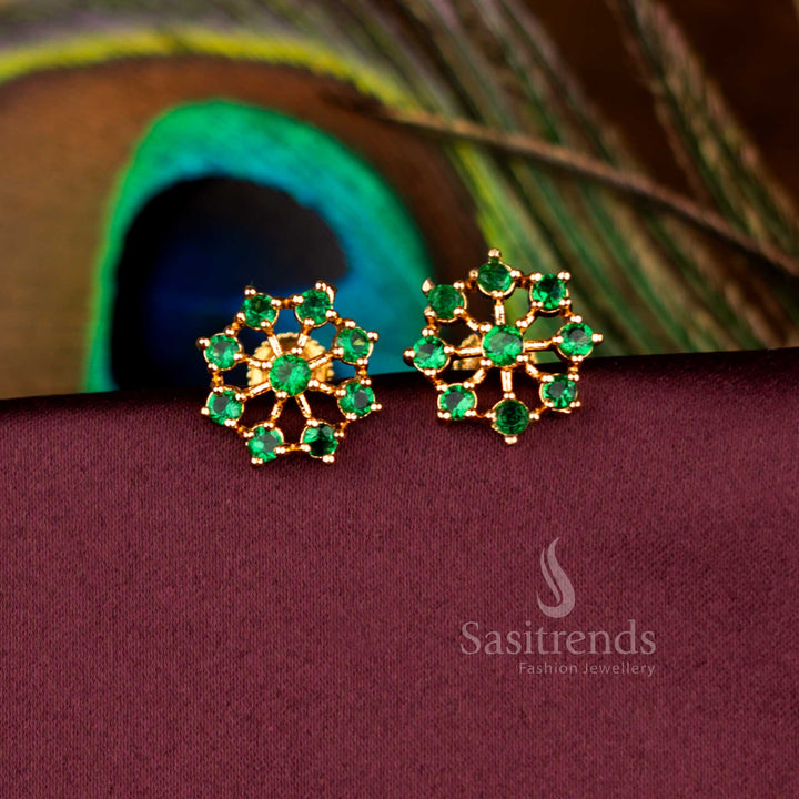 Gorgeous Traditional One Gram Micro Gold Plated Green Floral Screw Type Stud Earrings Ideal For Festivals And Ethnic Look - Sasitrends