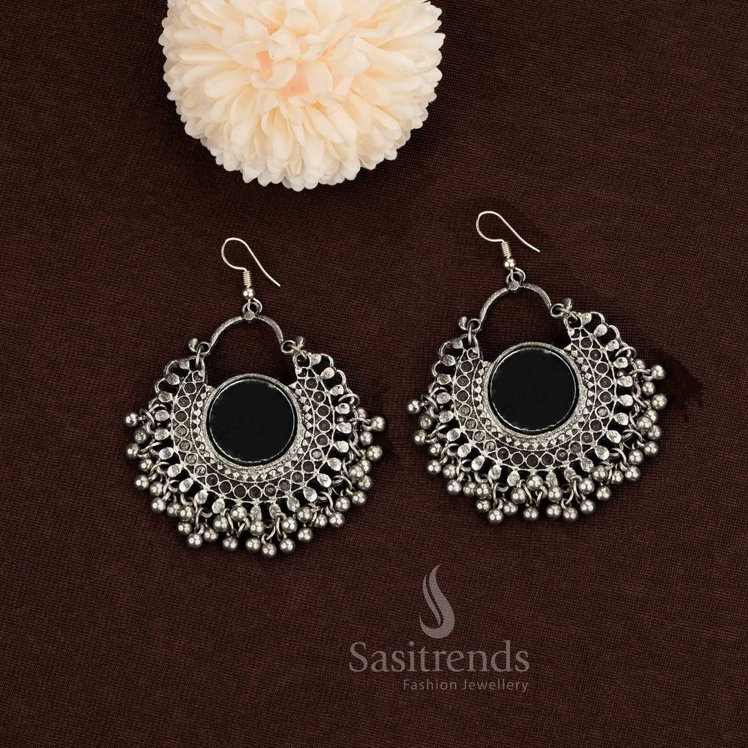 Oxidised Fish Hook Earrings Featuring A Polished Round Mirror Centrepiece And Delicate Beaded Arch Design, Crafted In Vintage Oxidised Silver Finish For Artistic Ethnic Styling – Sasitrends