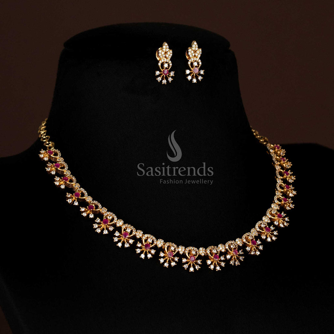 Dazzling Ruby American Diamond Micro Gold Plated Interlocking Wave And Floral Necklace Set For Traditional Jewellery Look - Sasitrends