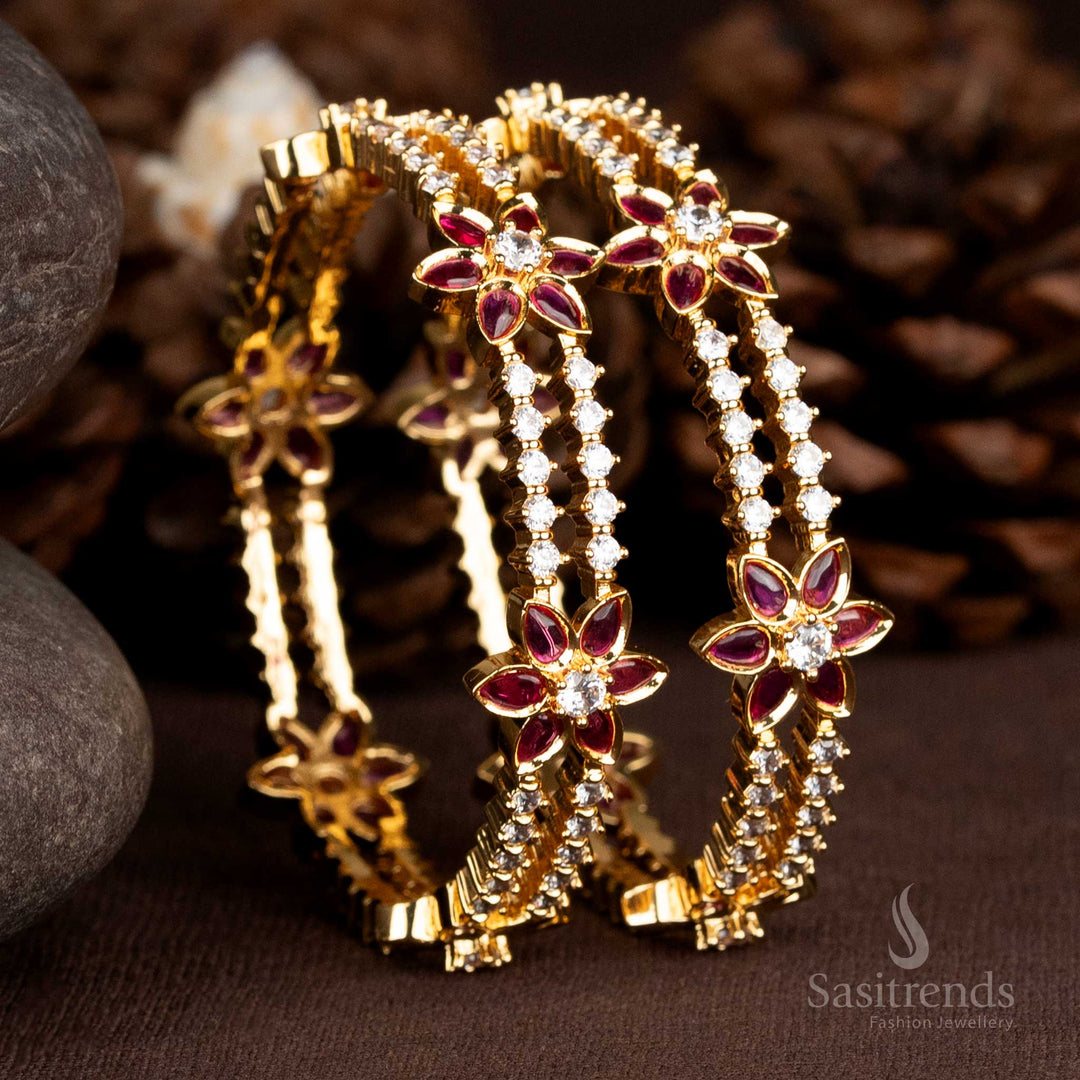 Gorgeous one gram micro gold plated American diamond floral bangles in radiant white-ruby tone, ideal for festive traditional jewellery and elegant celebrations – Sasitrends