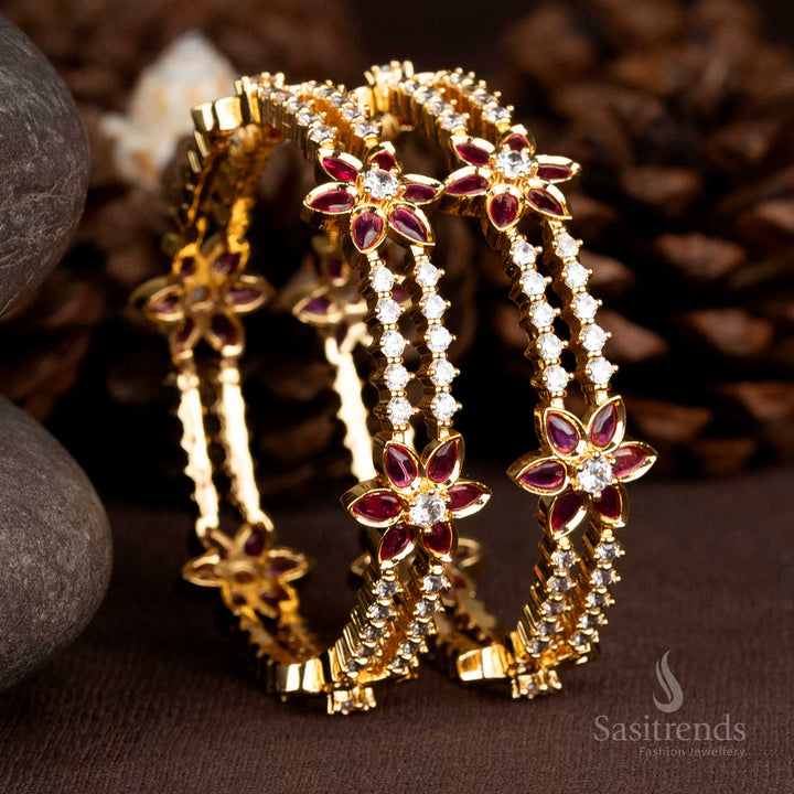 Gorgeous one gram micro gold plated American diamond floral bangles in radiant white-ruby tone, ideal for festive traditional jewellery and elegant celebrations – Sasitrends