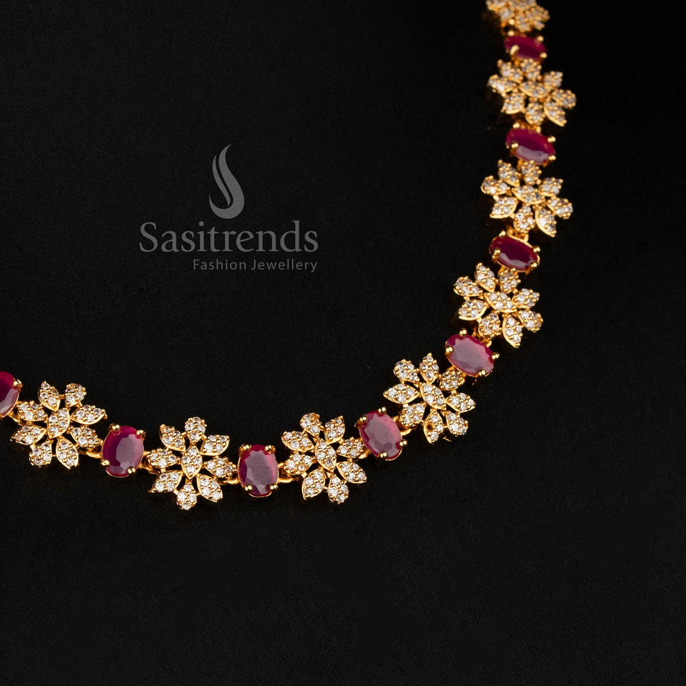 Graceful white-ruby floral cluster necklace set crafted in micro gold plating with shimmering American diamond stones for a regal bridal traditional look – Sasitrends