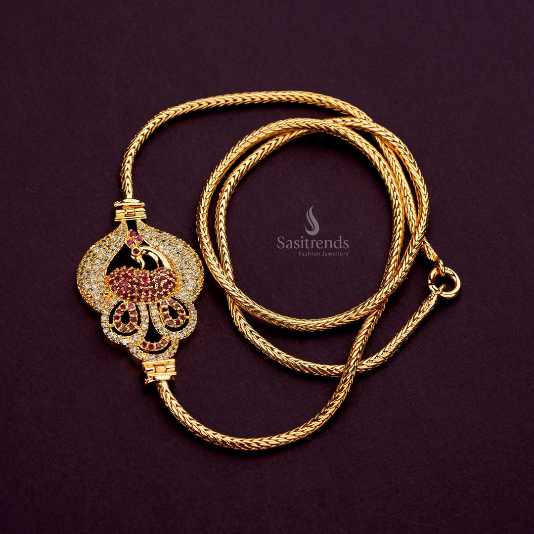 Guaranteed White-Ruby AD stone studded Peacock Mugappu Chain with micro gold plating and flexible chain - Sasitrends