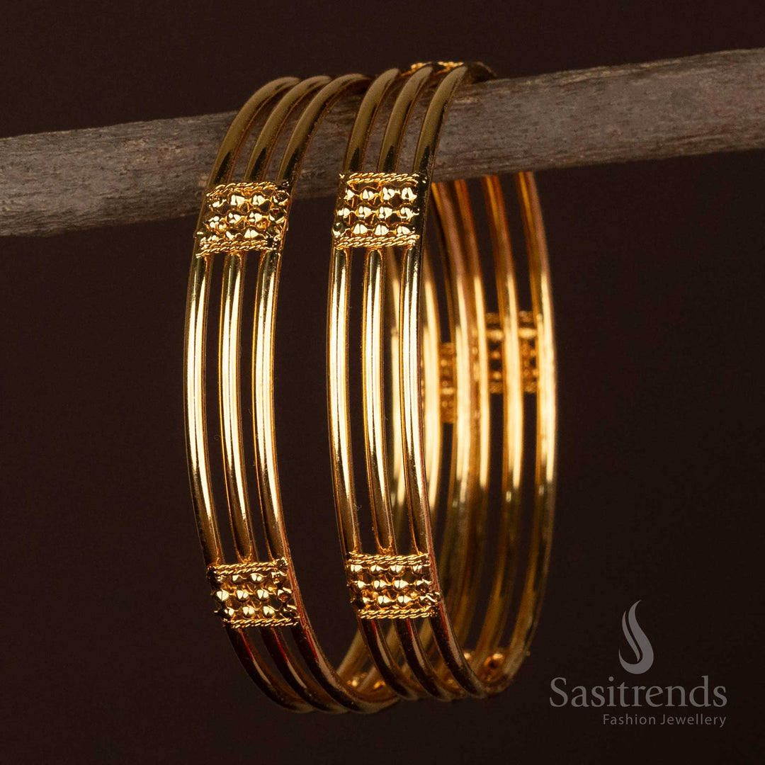 24 Carat Pure Gold Look Three-Line Bangle with Embossed Detailing - Sasitrends