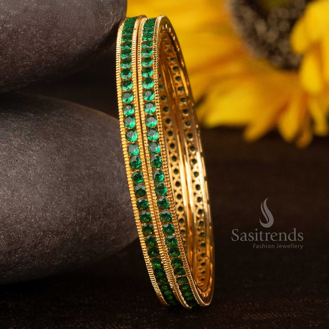 Radiant green shimmering guaranteed micro gold plated bangles with CZ and American Diamond sparkle – Classic jewellery set for elegant traditional looks – Sasitrends
