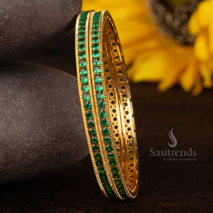 Radiant green shimmering guaranteed micro gold plated bangles with CZ and American Diamond sparkle – Classic jewellery set for elegant traditional looks – Sasitrends