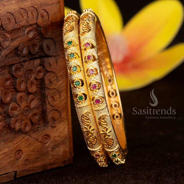 Elegant Micro Gold Plated Paisley Floral Bangles with AD Stones - Set of 2 for Festive Saree Wear