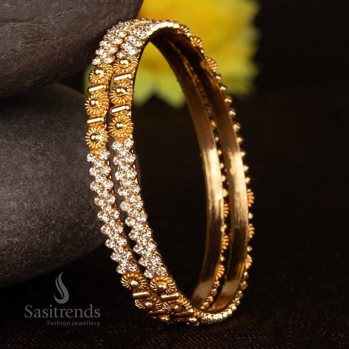 Beautiful Micro Gold Plated Floral Design American Diamond Bangles – One Gram Jewellery - Sasitrends