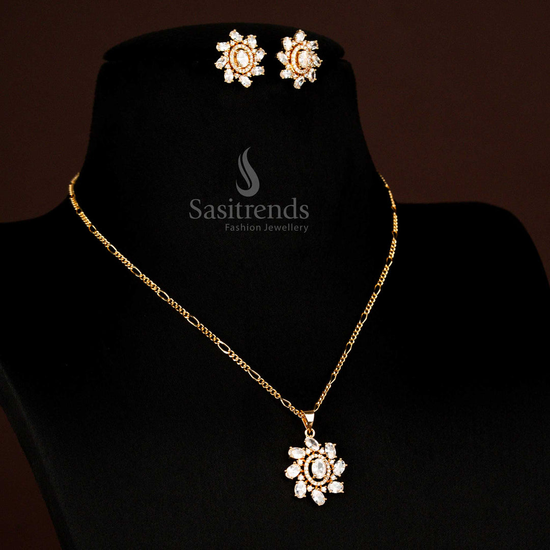 Grand micro gold plated American diamond oval stone necklace in white with earrings for traditional and wedding ceremonies - Sasitrends