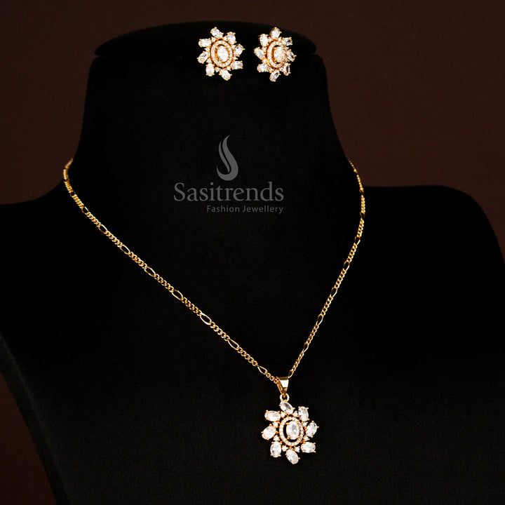 Grand micro gold plated American diamond oval stone necklace in white with earrings for traditional and wedding ceremonies - Sasitrends
