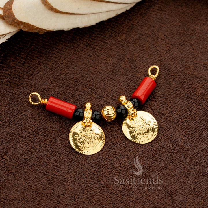 Micro Gold Plated Double Lakshmi Coin Mangalsutra Pendant with Coral & Black Beads - Sasitrends