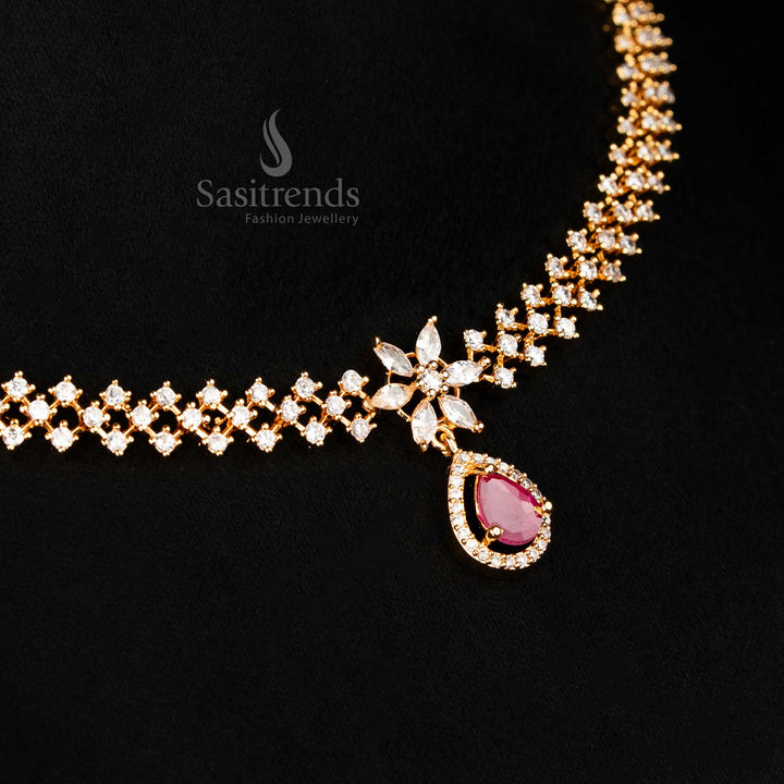 Stunning white-ruby colour floral American Diamond necklace in a traditional setting with fine micro gold work, sasitrends creation