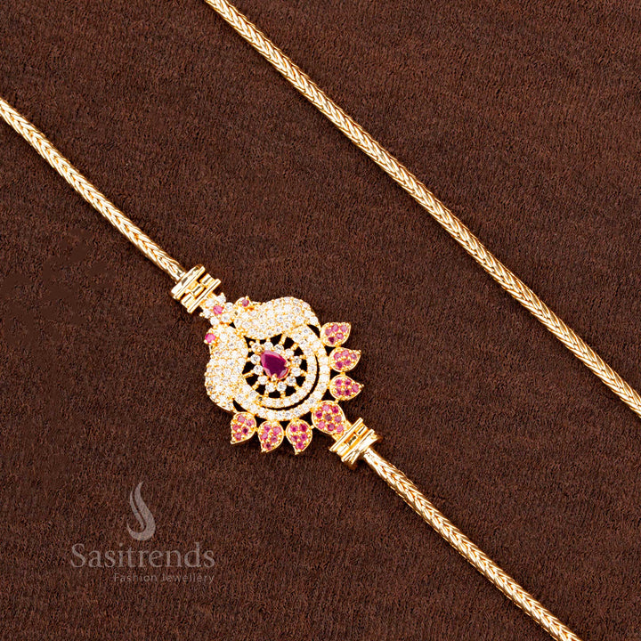 Dazzling white-ruby stone Mugappu chain with a double-side Peacock design, featuring micro gold plating, perfect as a luxury jewellery piece for saree wear - Sasitrends