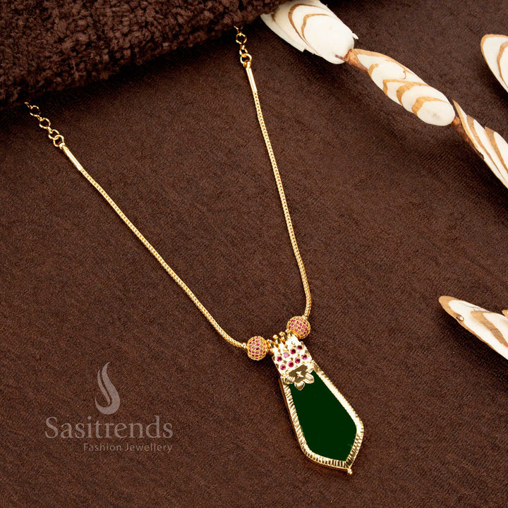 Elegant Kerala-style green Palakka Nagapadam pendant necklace with one gram gold plating, decorated with AD stones and a uniquely designed traditional chain - Sasitrends