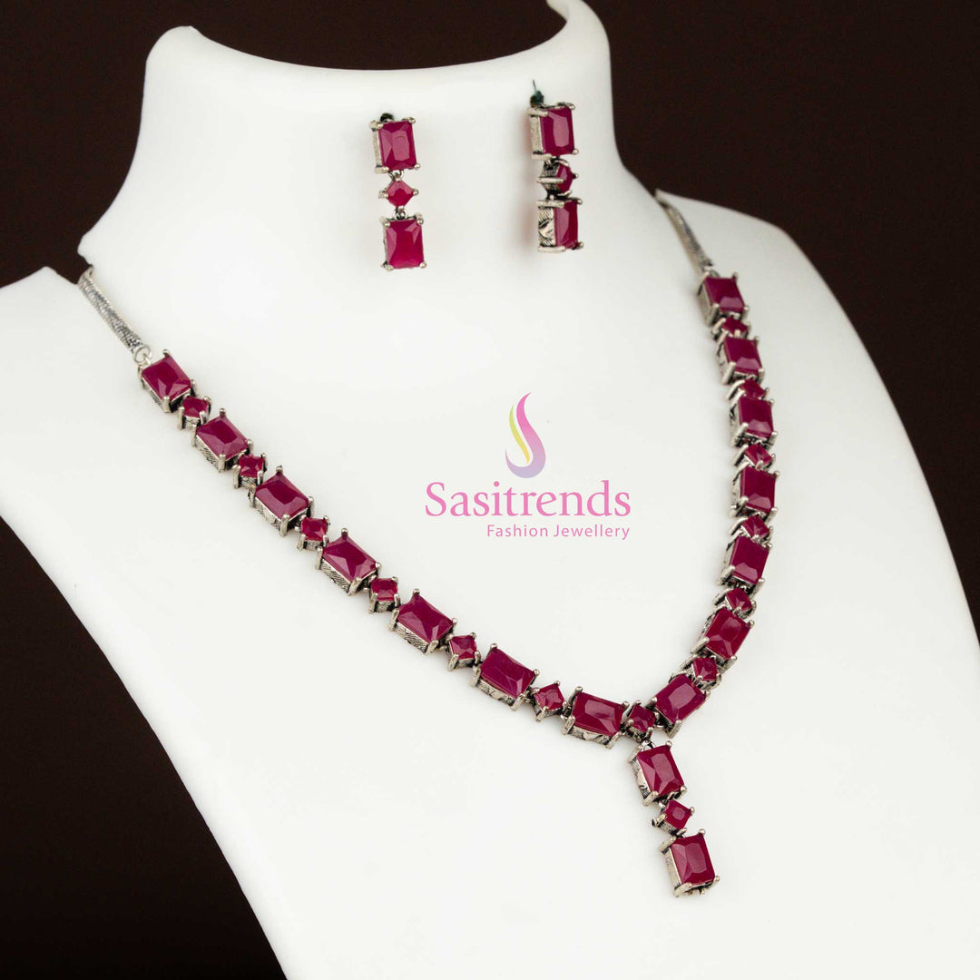 Oxidised Silver Rectangular Stone Ruby Necklace Set for ethnic Navaratri wear and stylish festive occasions – Sasitrends
