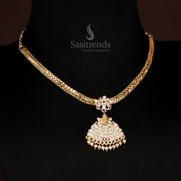 Traditional Impon Addigai One Gram Micro Gold Plated God Motif Floral Pendant Necklace with Bead Drops