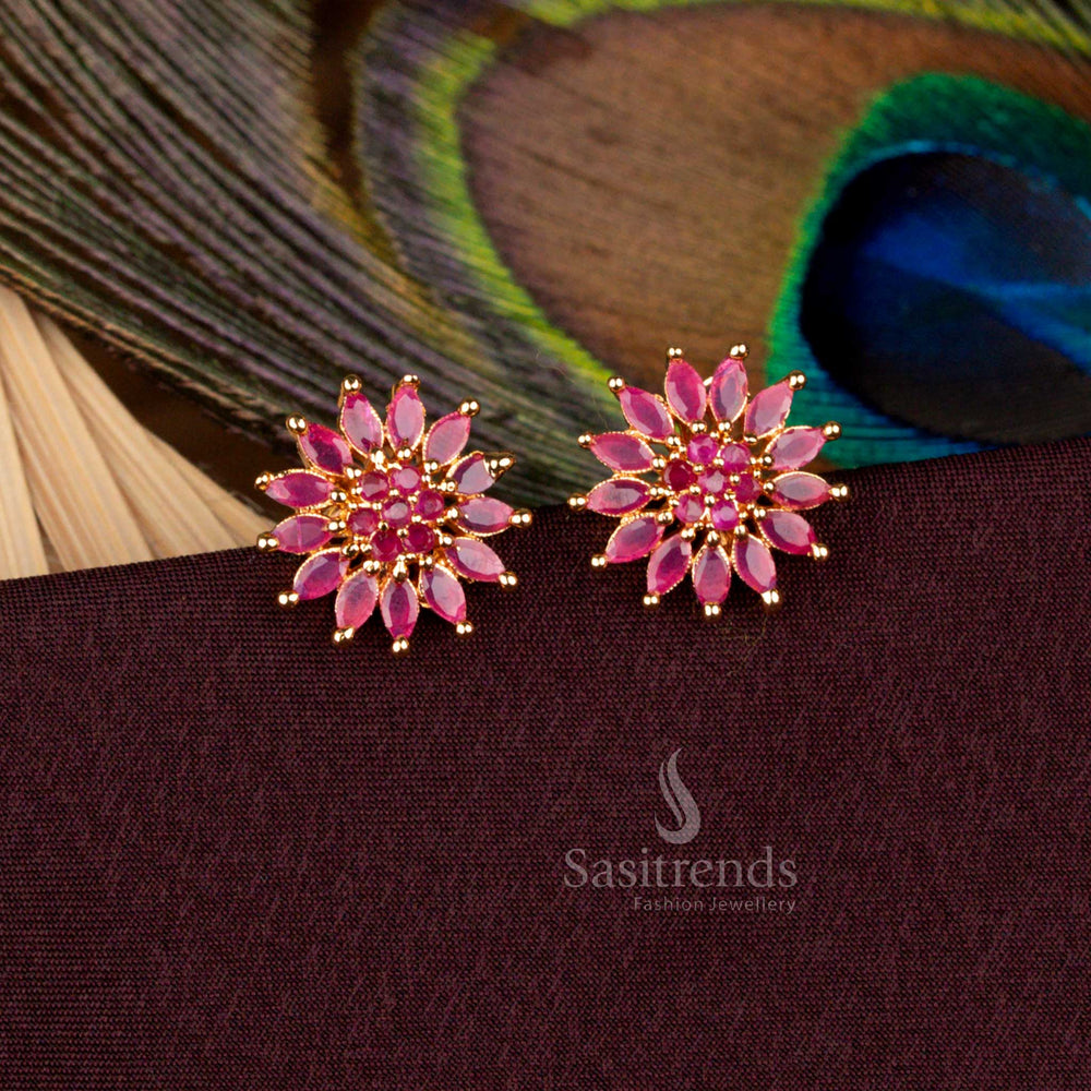 Majestic ruby floral AD stud earrings plated in micro gold with a look like real gold, perfect for bridal attire, cultural ceremonies, and temple festivals - Sasitrends