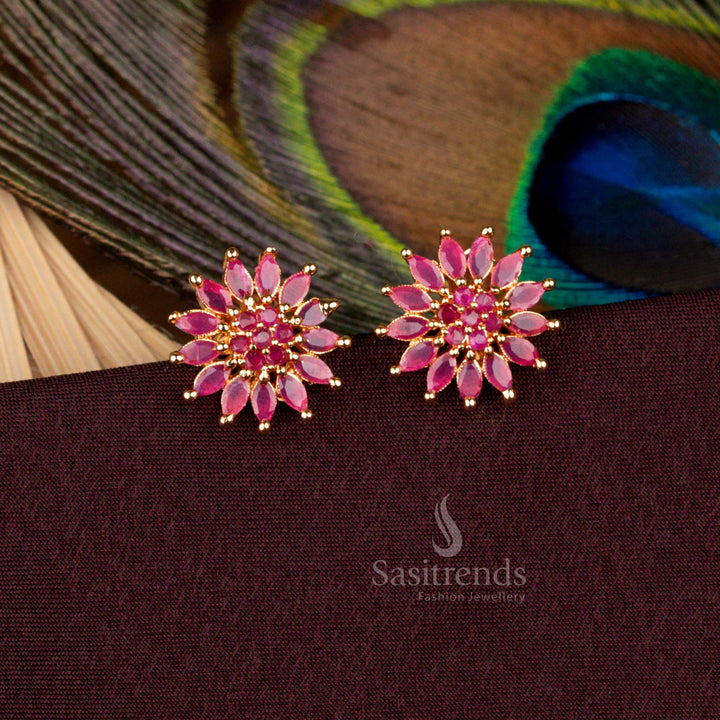Majestic ruby floral AD stud earrings plated in micro gold with a look like real gold, perfect for bridal attire, cultural ceremonies, and temple festivals - Sasitrends