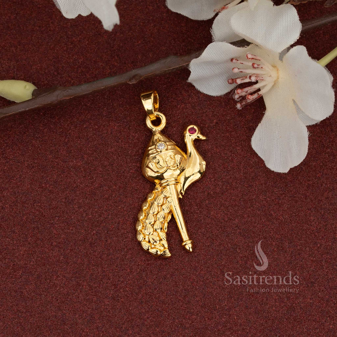 Opulent Micro Gold Plated Peacock Vel Pendant With Glittering Centre White Stone, Showcasing A Divine Symbolic Design In Lustrous Gold Tone That Looks Like Real Gold - Sasitrends
