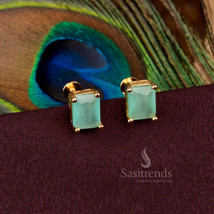 Exquisite micro gold plated rectangular AD stud earrings in mint shade with 24 carat pure gold look perfect for sangeet nights, temple wear, and festive gatherings - Sasitrends
